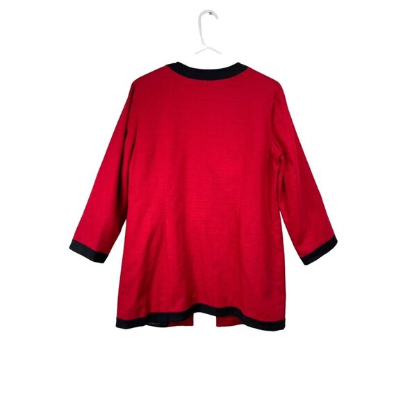 Chico's Size 8 Red Black Trim Longline Open Front Jacket Cotton Blend - Picture 2 of 5